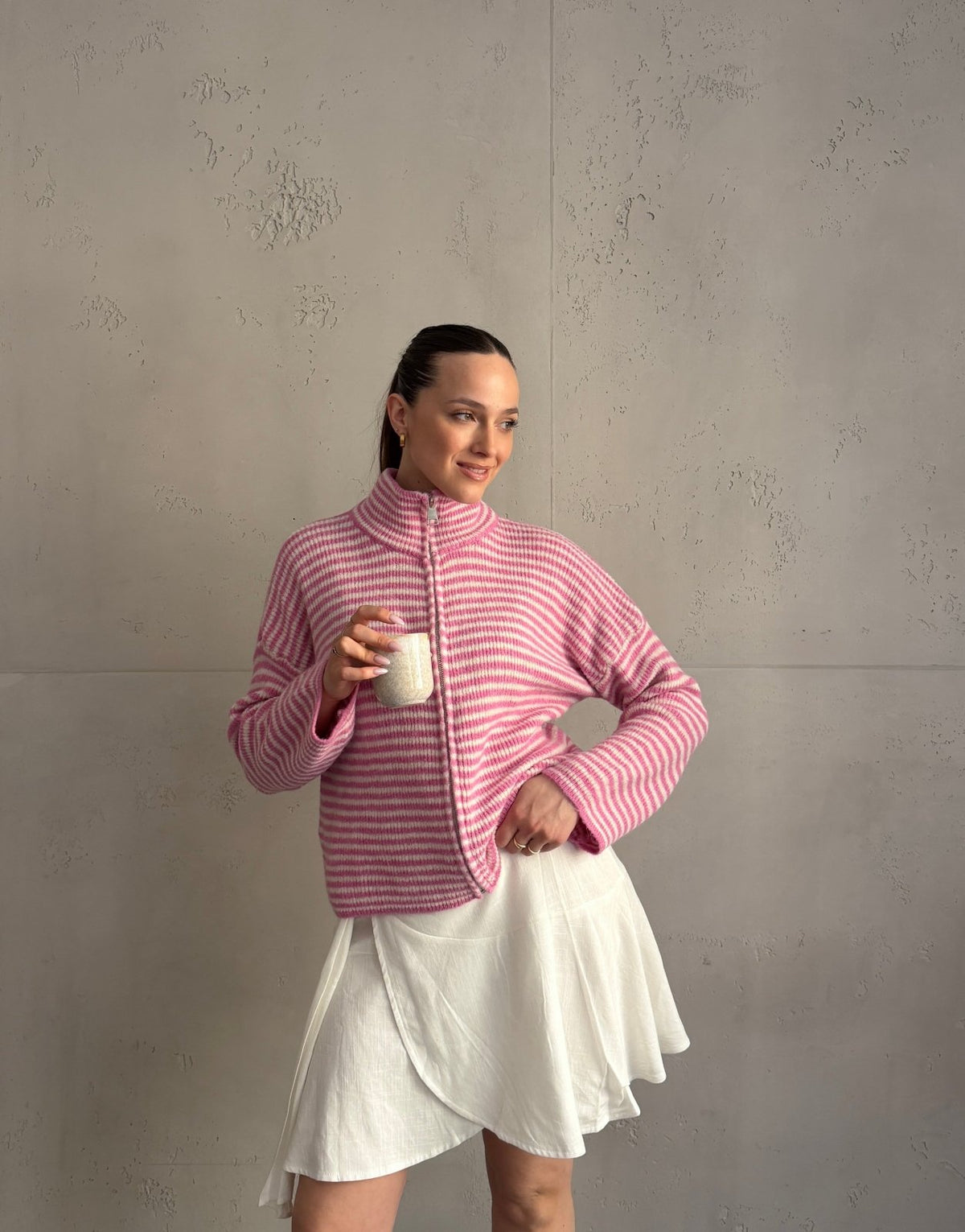 Gestreifte Strickjacke mit Reißverschluss & Stehkragen - Switch - Fashion