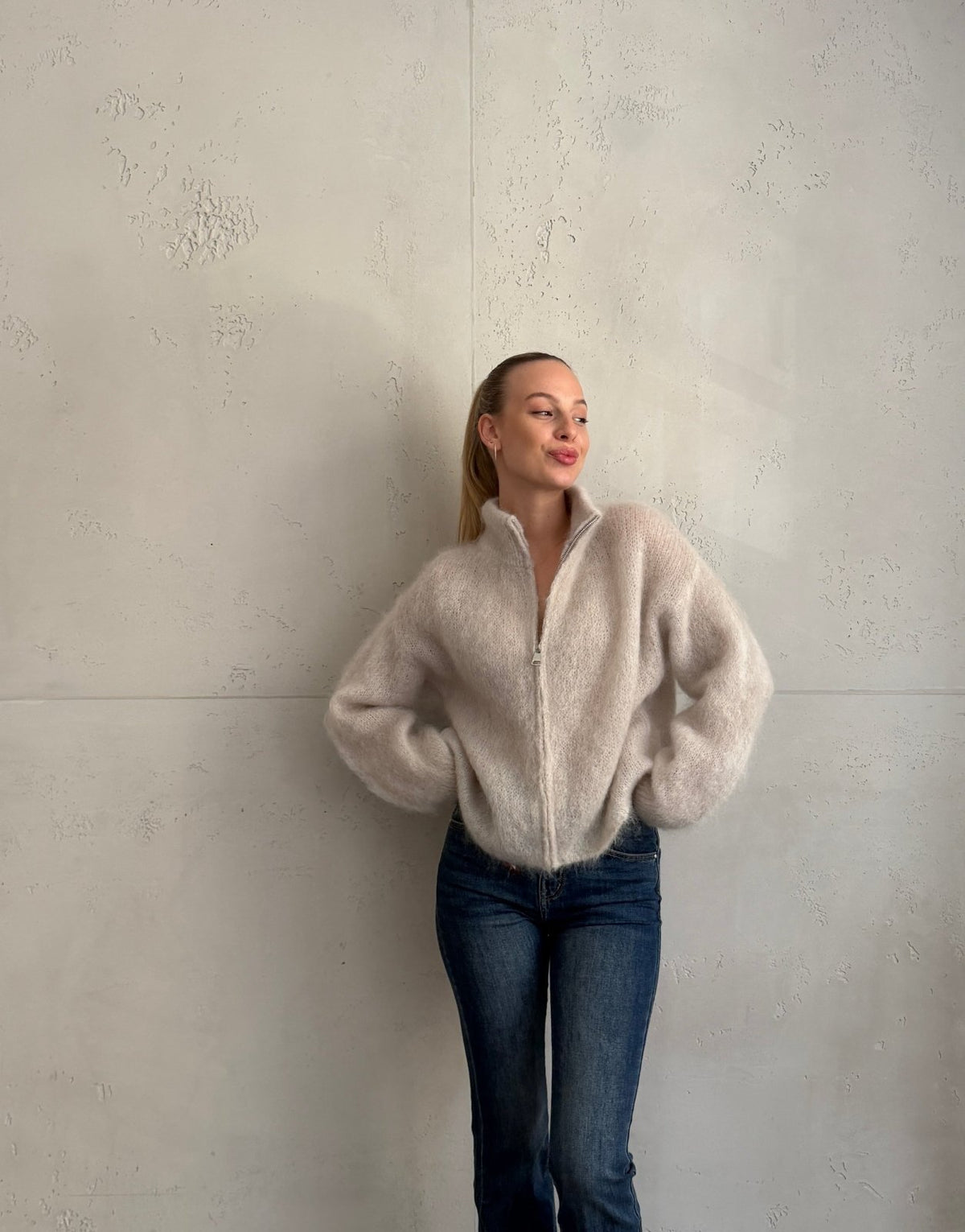 Mohair Zip-Strickjacke 80% mit Stehkragen - Switch-Fashion