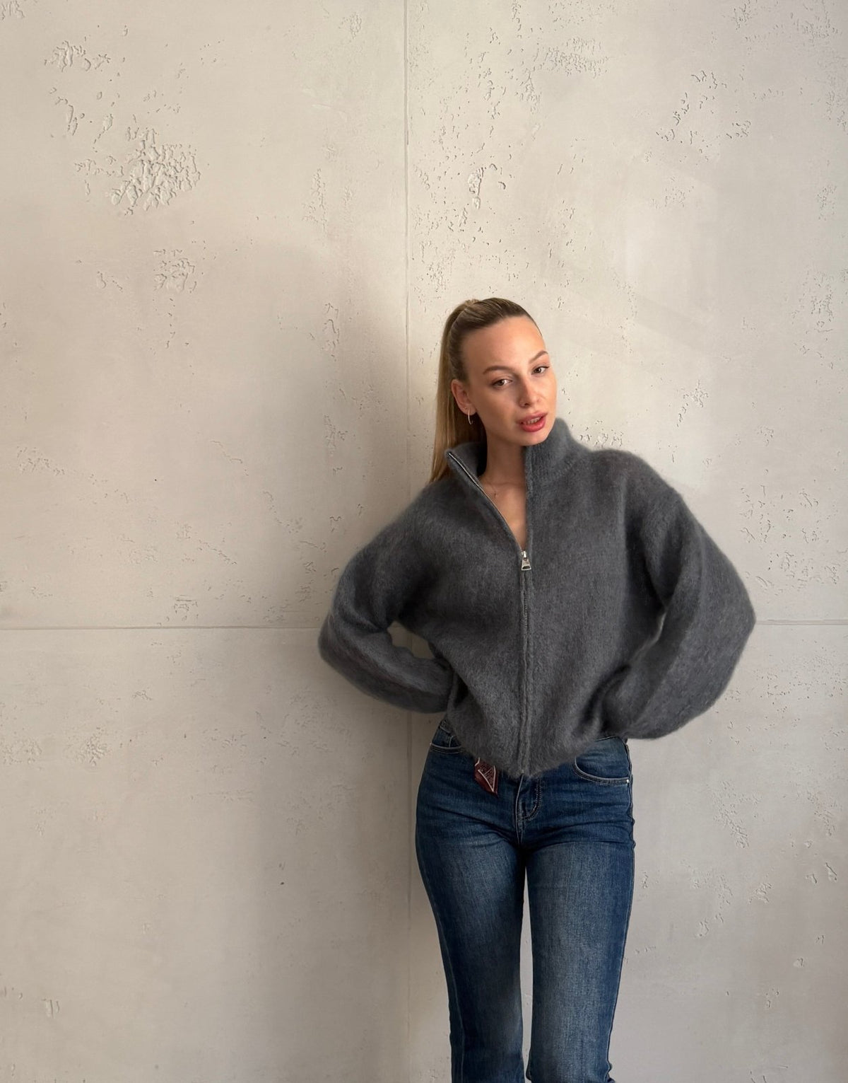 Mohair Zip-Strickjacke 80% mit Stehkragen - Switch-Fashion
