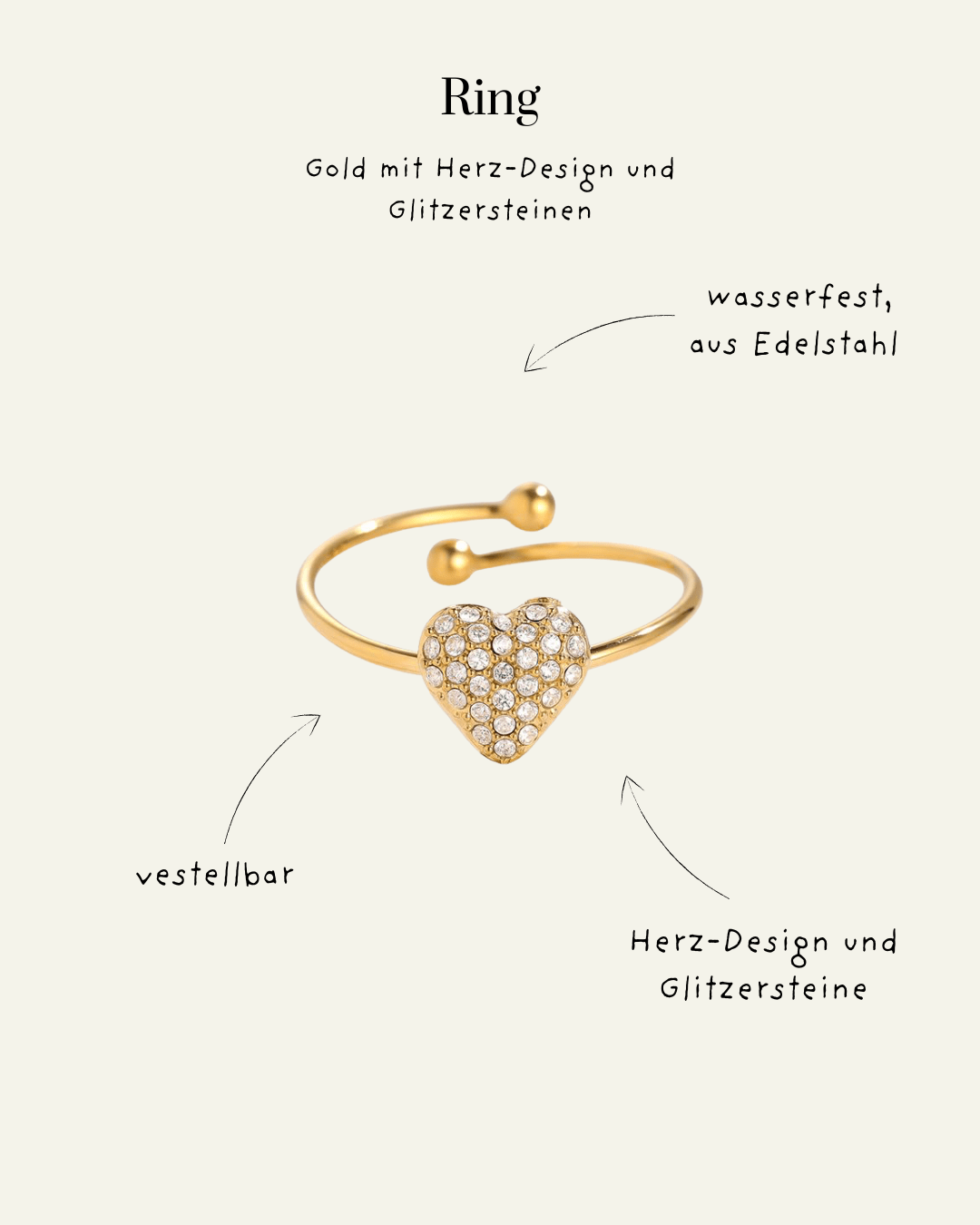 Sweet Diamond Heart Edelstahl Ring – Verstellbarer Glamour - Switch - Fashion