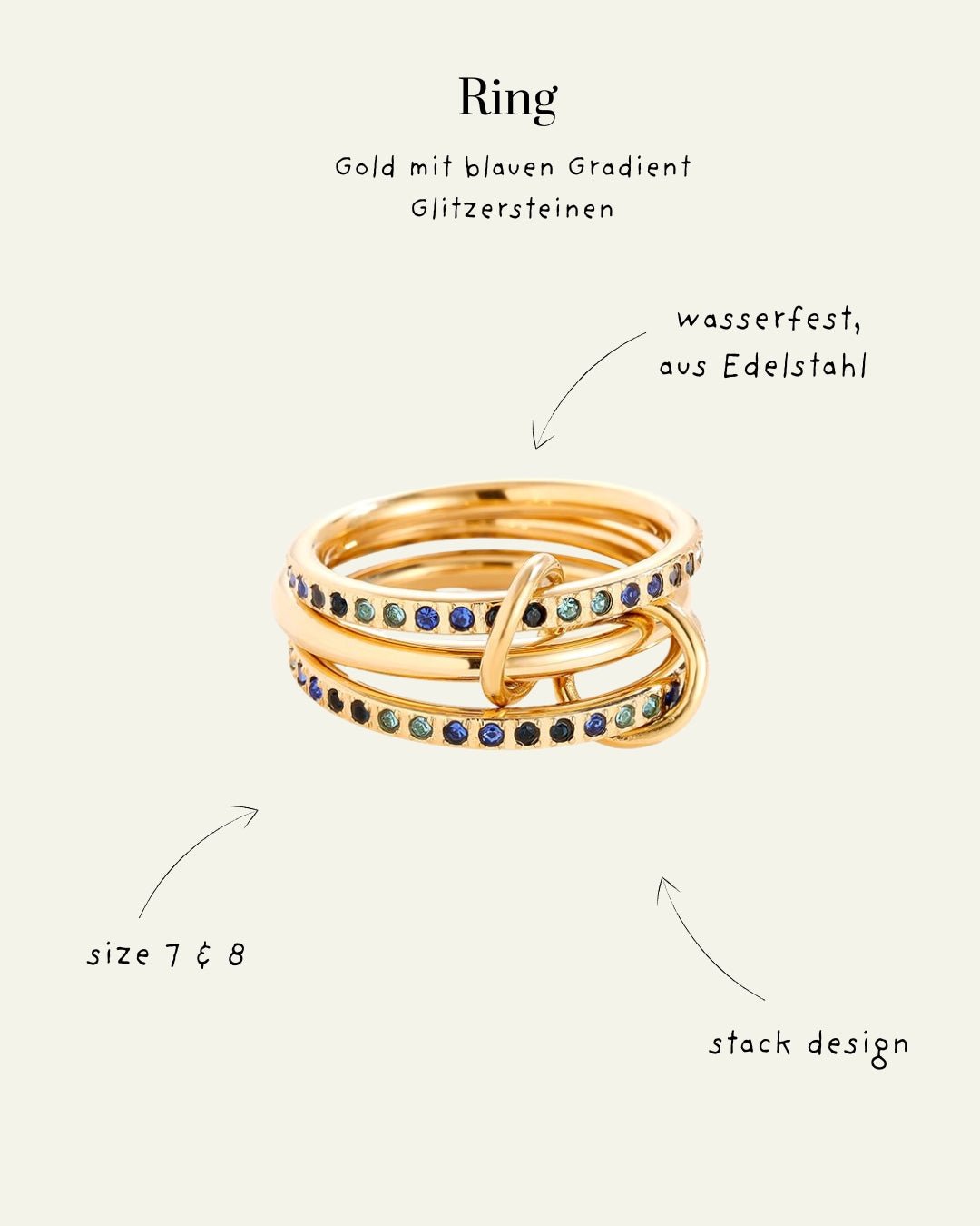 3 - Layer Goldring mit Zirkonia – Gradient Glitzersteine in Braun, Pink & Blau - Switch - Fashion