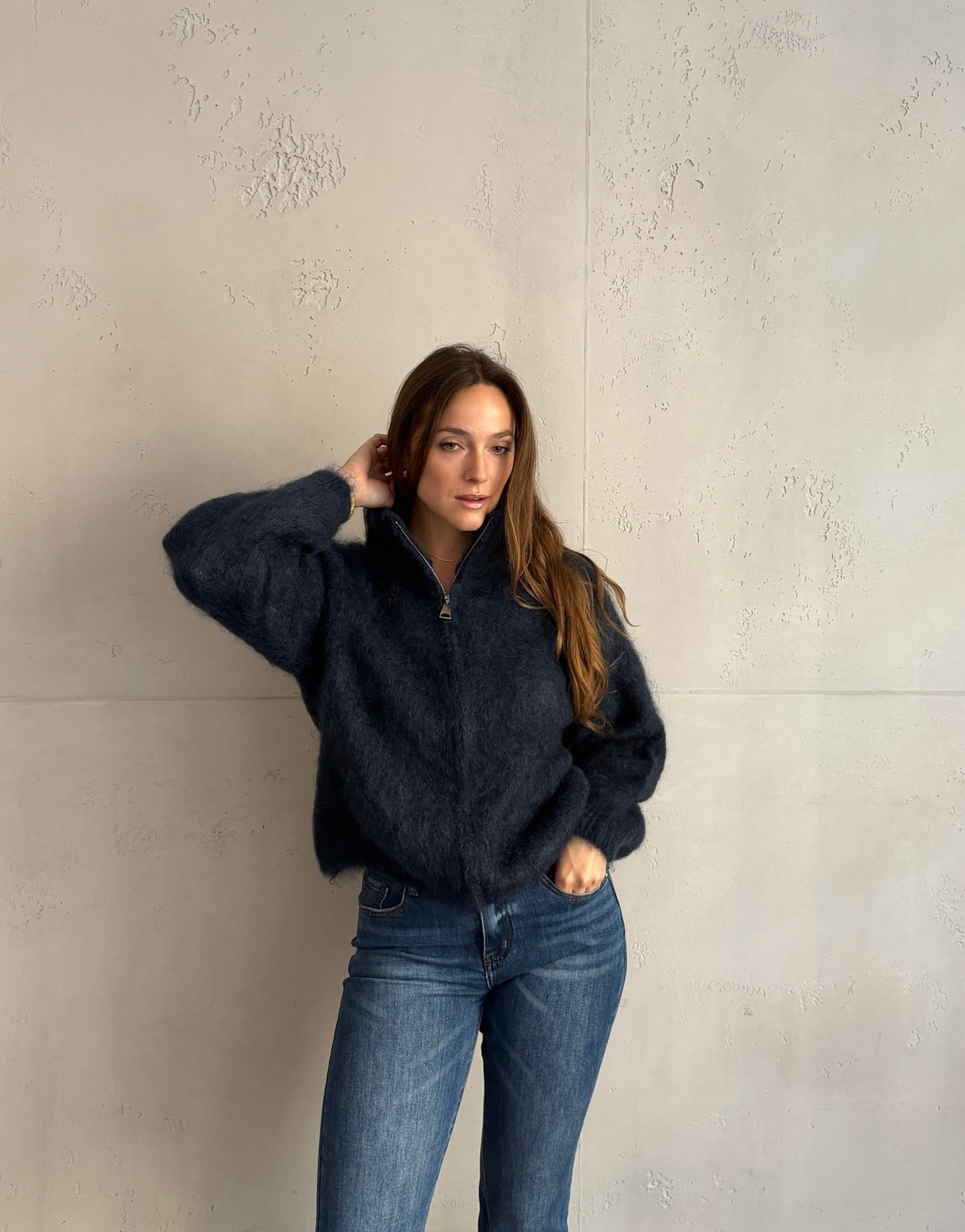 Mohair Zip-Strickjacke 80% mit Stehkragen