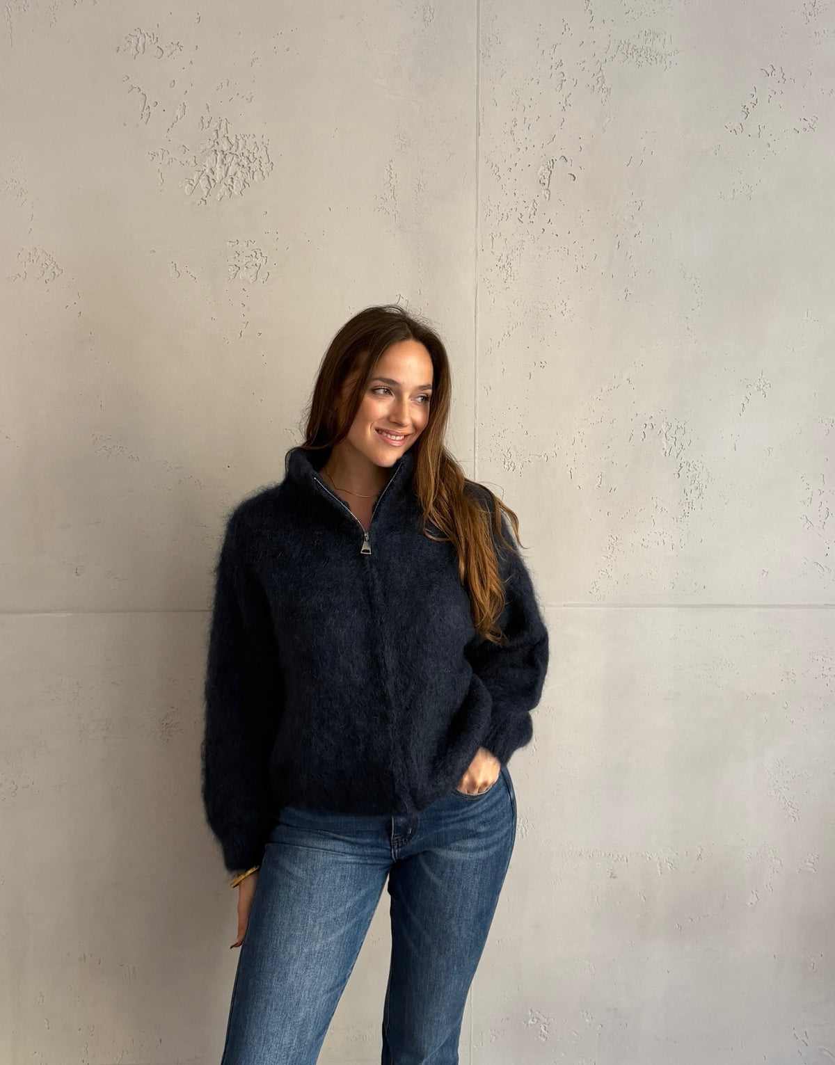 Mohair Zip-Strickjacke 80% mit Stehkragen