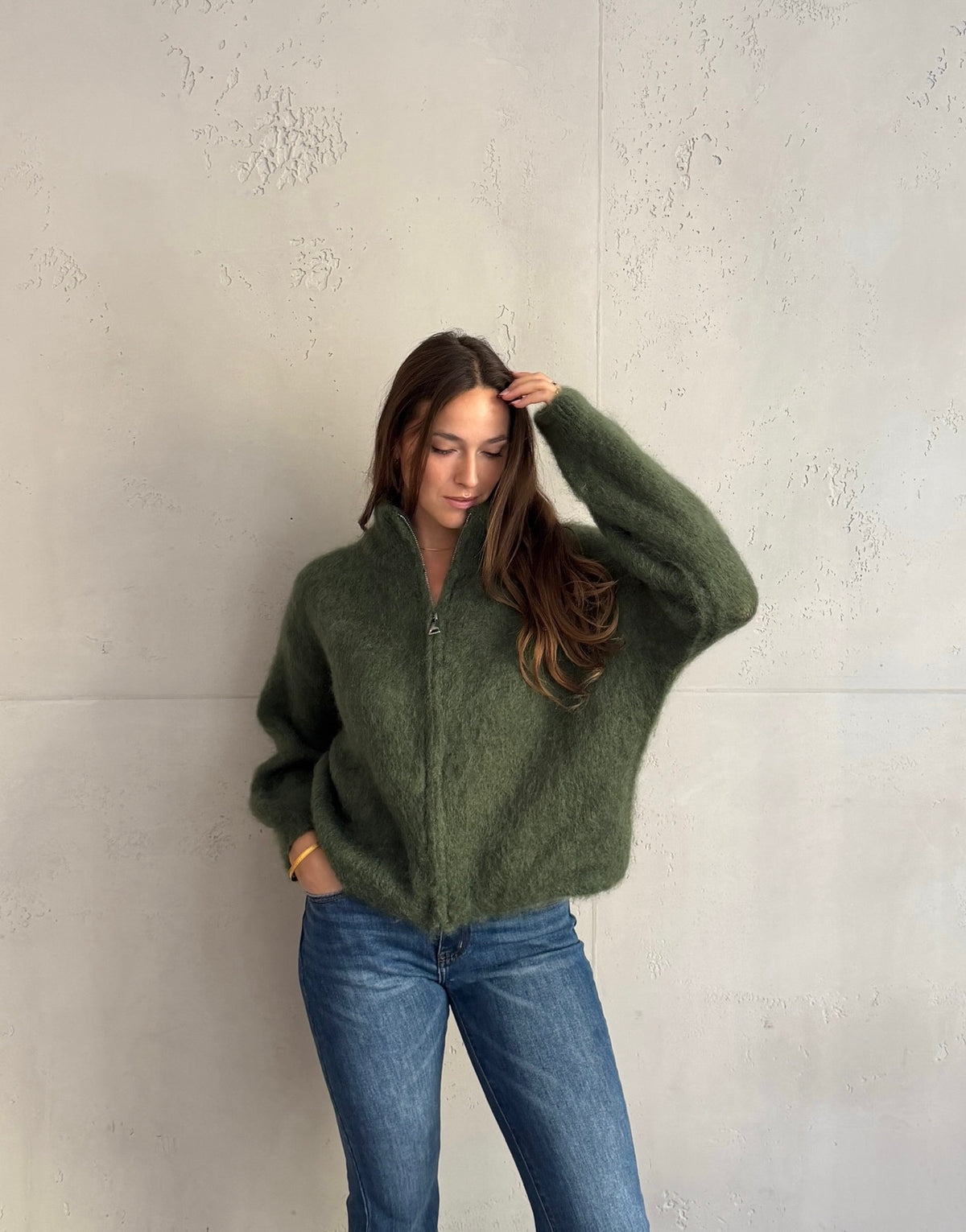Mohair Zip-Strickjacke 80% mit Stehkragen