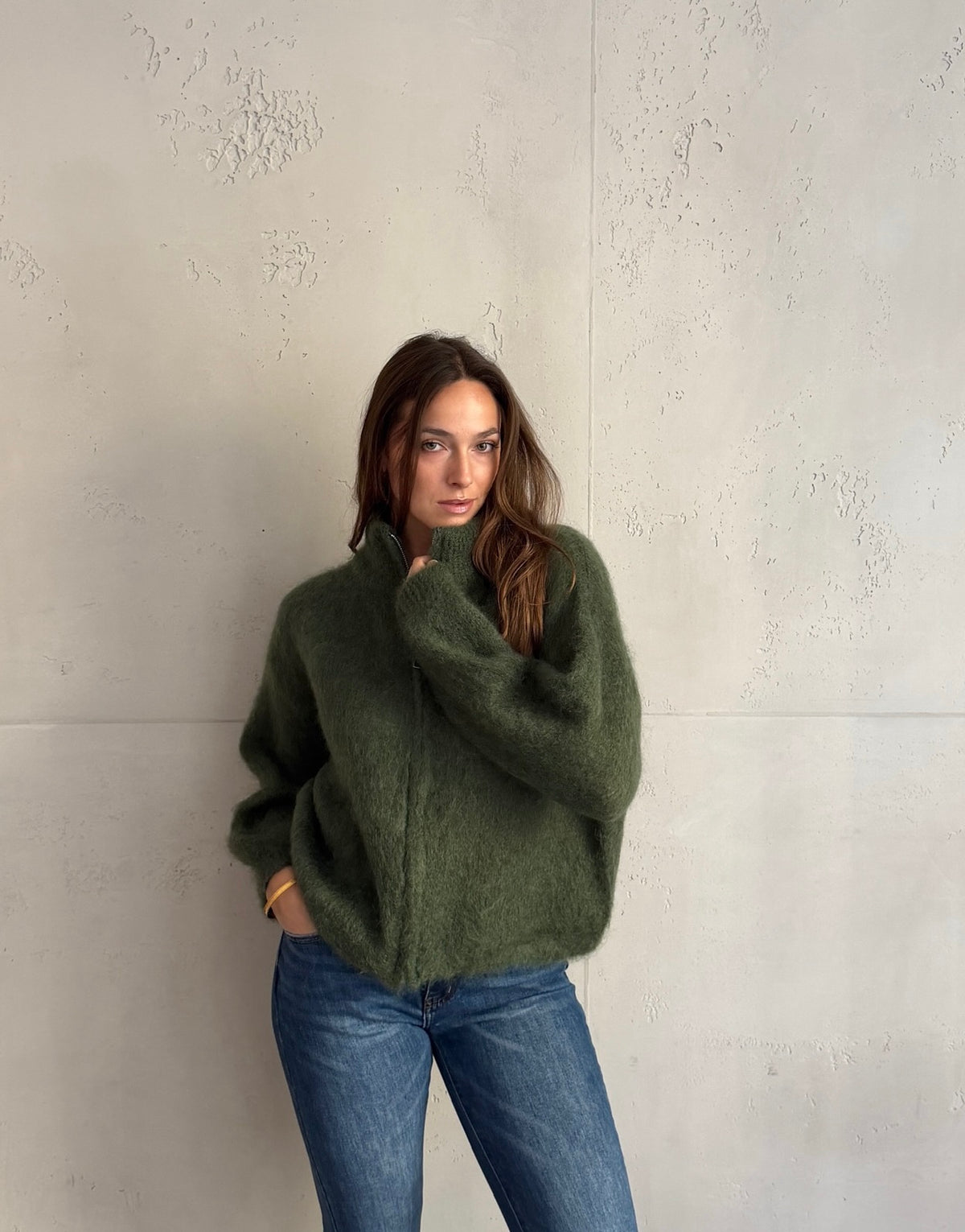 Mohair Zip-Strickjacke 80% mit Stehkragen