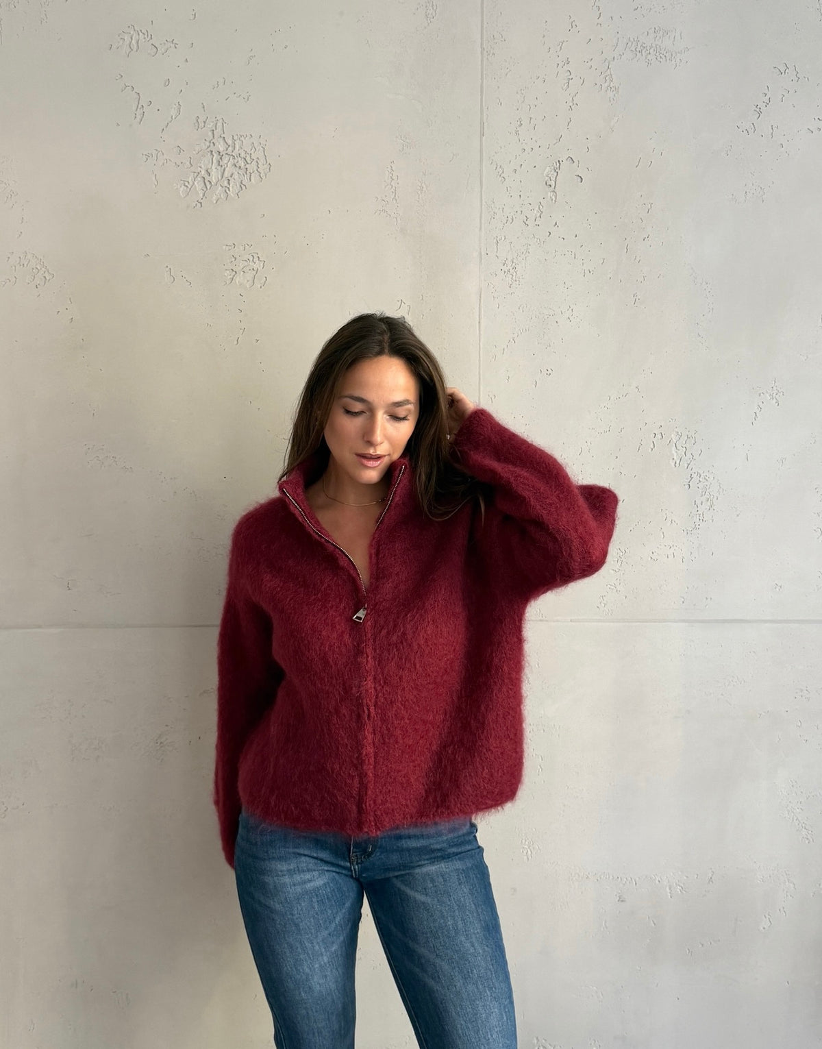 Mohair Zip-Strickjacke 80% mit Stehkragen
