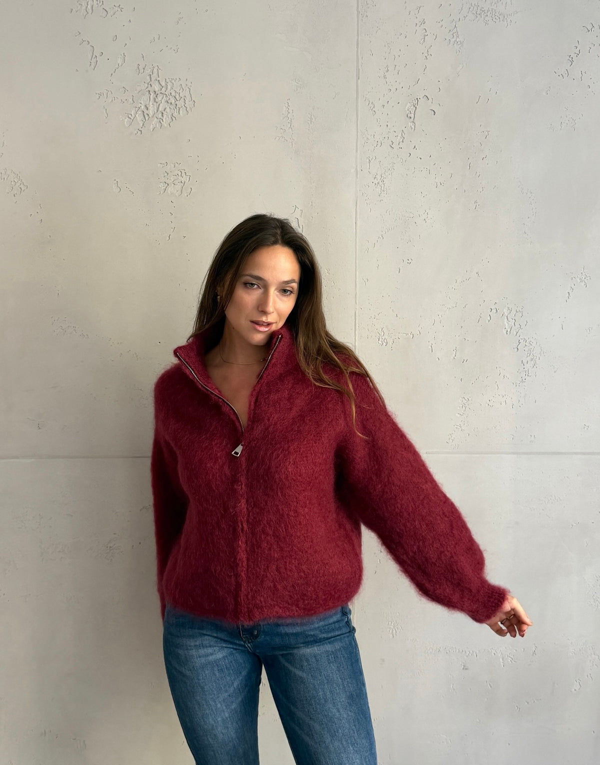 Mohair Zip-Strickjacke 80% mit Stehkragen