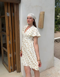 Floral Musselin Minikleid – V-Ausschnitt, Rückenausschnitt, Offwhite