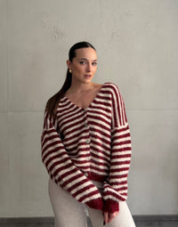 Gestreifte Strickjacke mit V-Ausschnitt