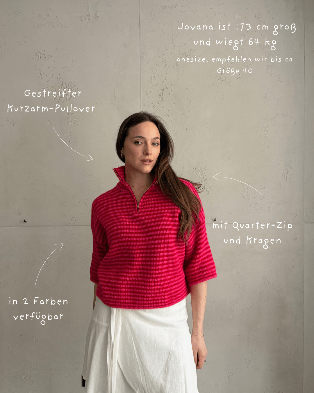 Gestreifter Kurzarm - Pullover mit Quarter - Zip und Kragen - Switch - Fashion