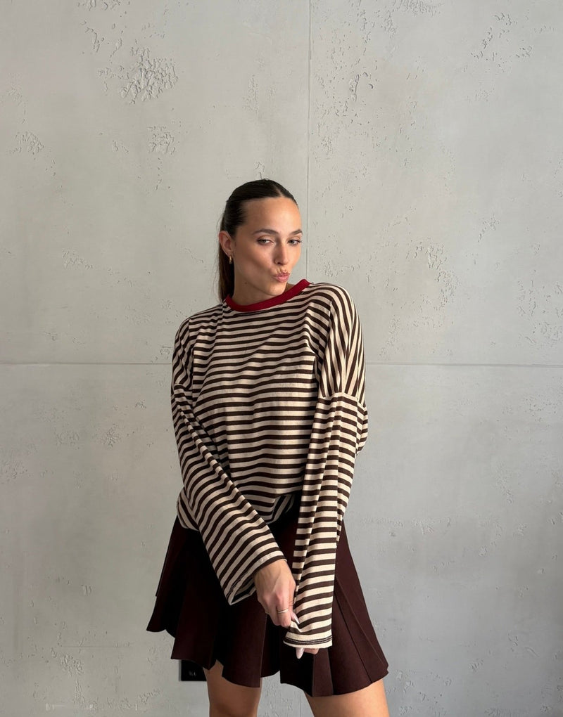Gestreiftes Basic Longsleeve Shirt in Beige und Braun