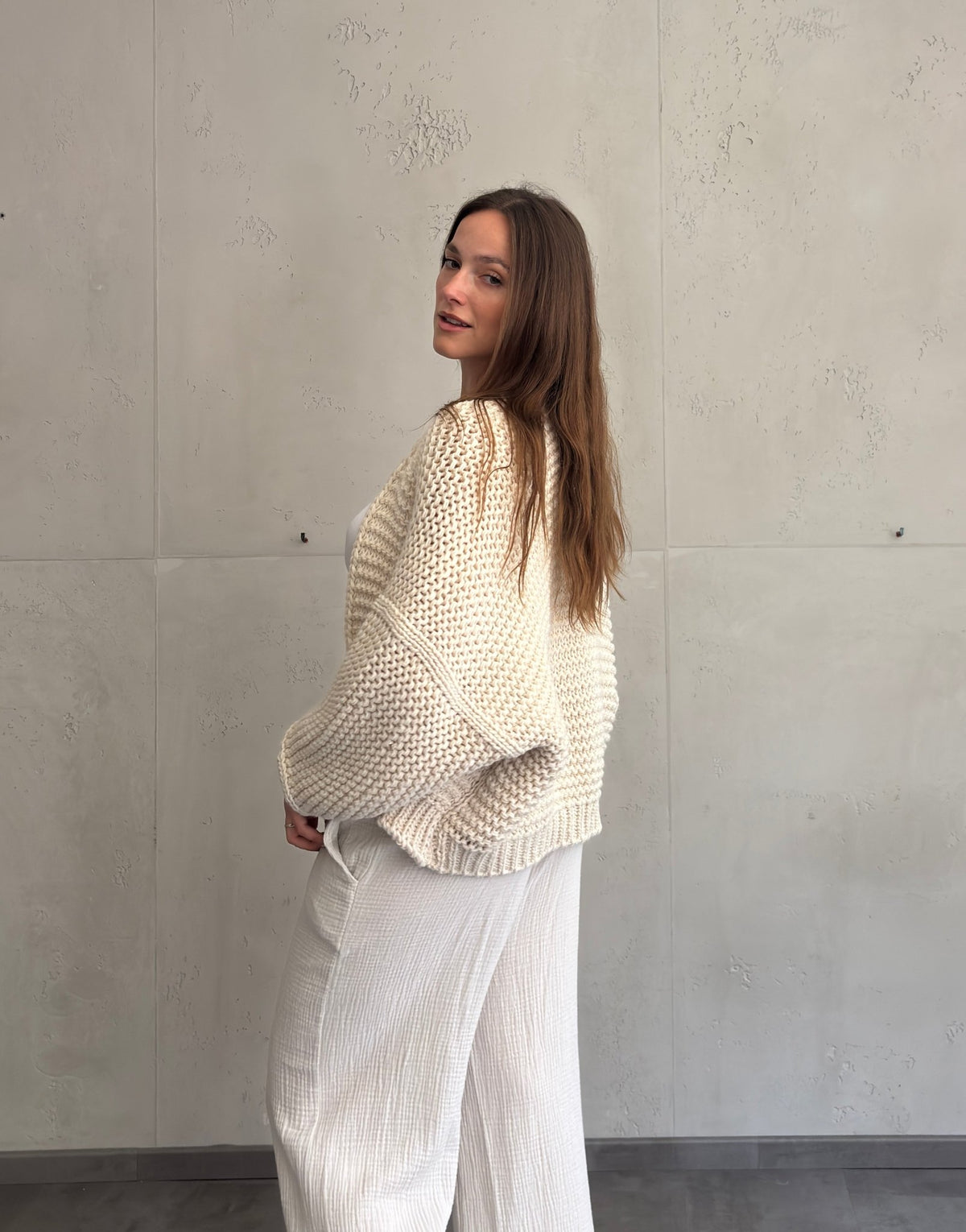 Grobgestrickte Strickjacke Offwhite/Beige – Chunky Knit Cardigan