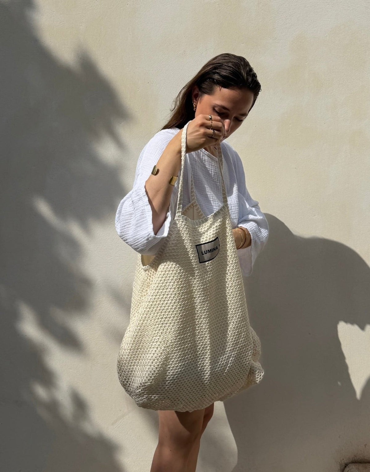 Häkel Strandtasche – Beutelform, 100% Baumwolle, Beige - Switch-Fashion