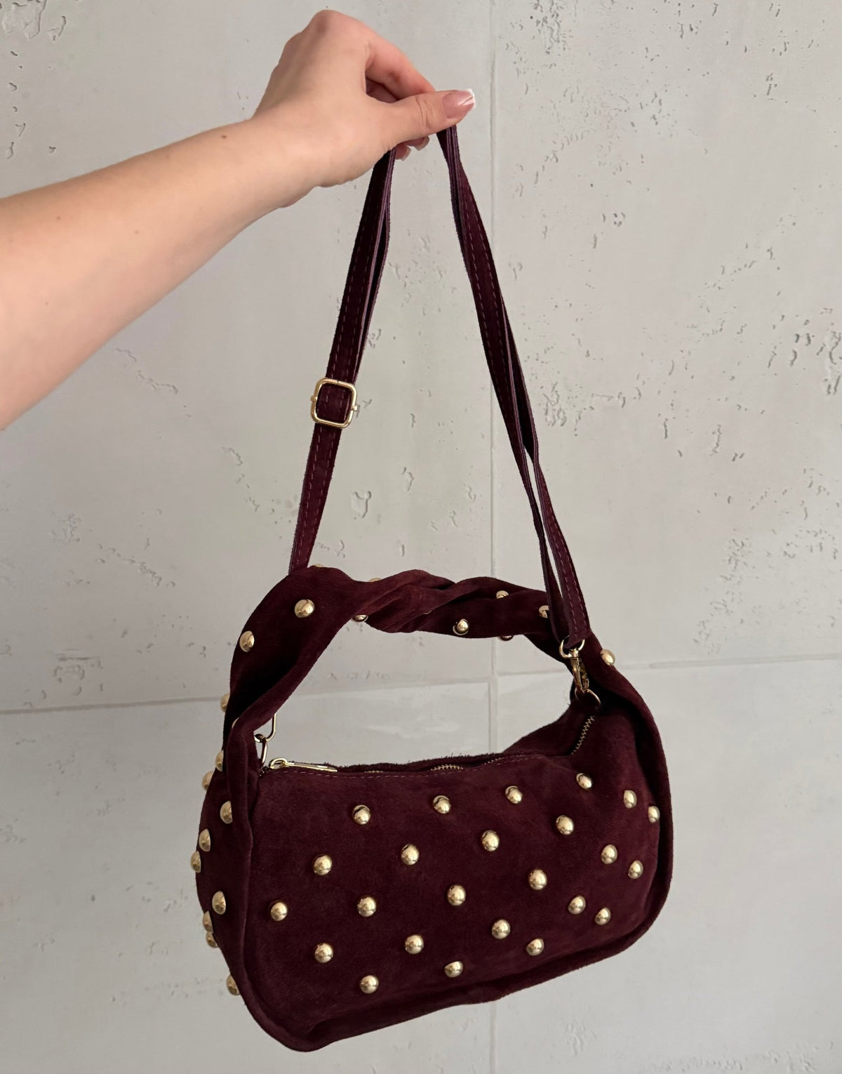 Kleine Leder - Handtasche mit Nieten – Burgundy / Braun - Switch - Fashion