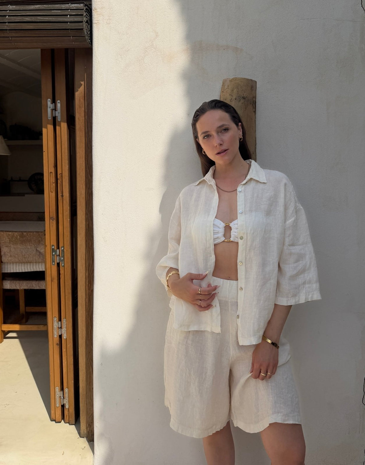 Leinen Shirt – Oversized, Hemdkragen, 3/4 Arm, Offwhite - Switch-Fashion