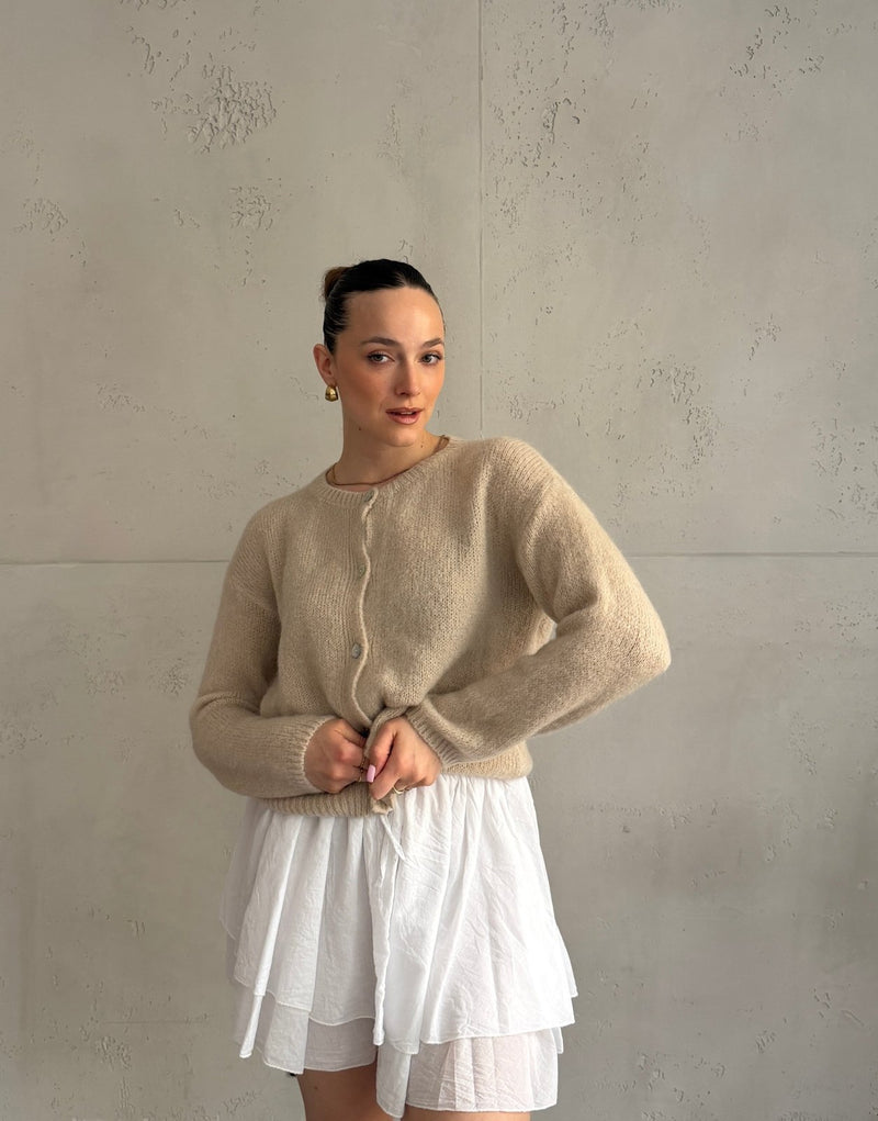 Mohair Strickjacke mit Rundhals und 30 % Kid Mohair in Beige