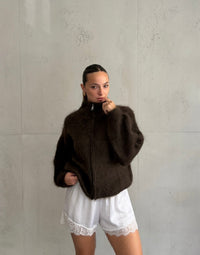 Mohair Zip-Strickjacke 80% mit Stehkragen
