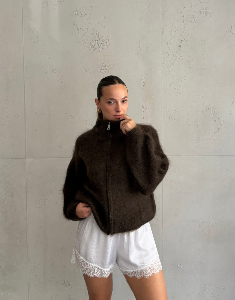 Mohair Zip-Strickjacke mit 80 % Mohair und Stehkragen in Braun