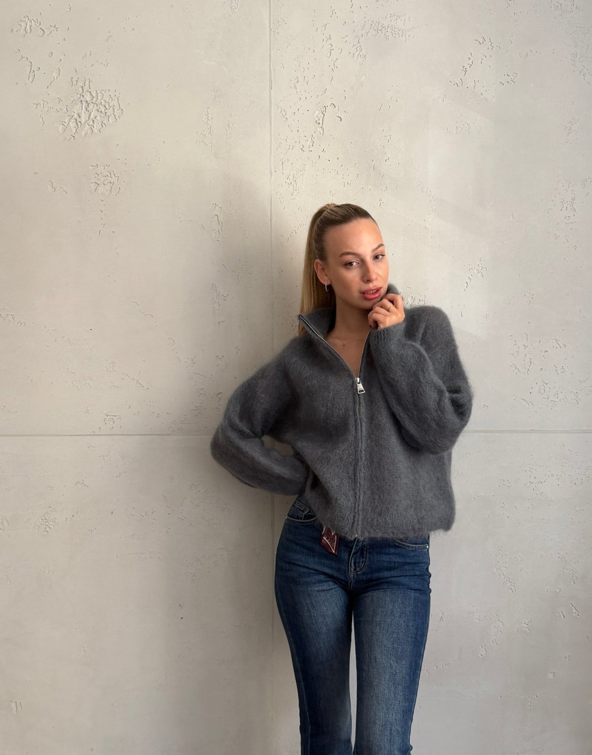 Mohair Zip-Strickjacke 80% mit Stehkragen - Switch-Fashion