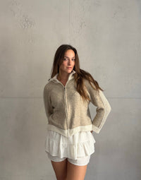 Zip Strickjacke mit Ärmelstreifen – Stehkragen, Super Weich